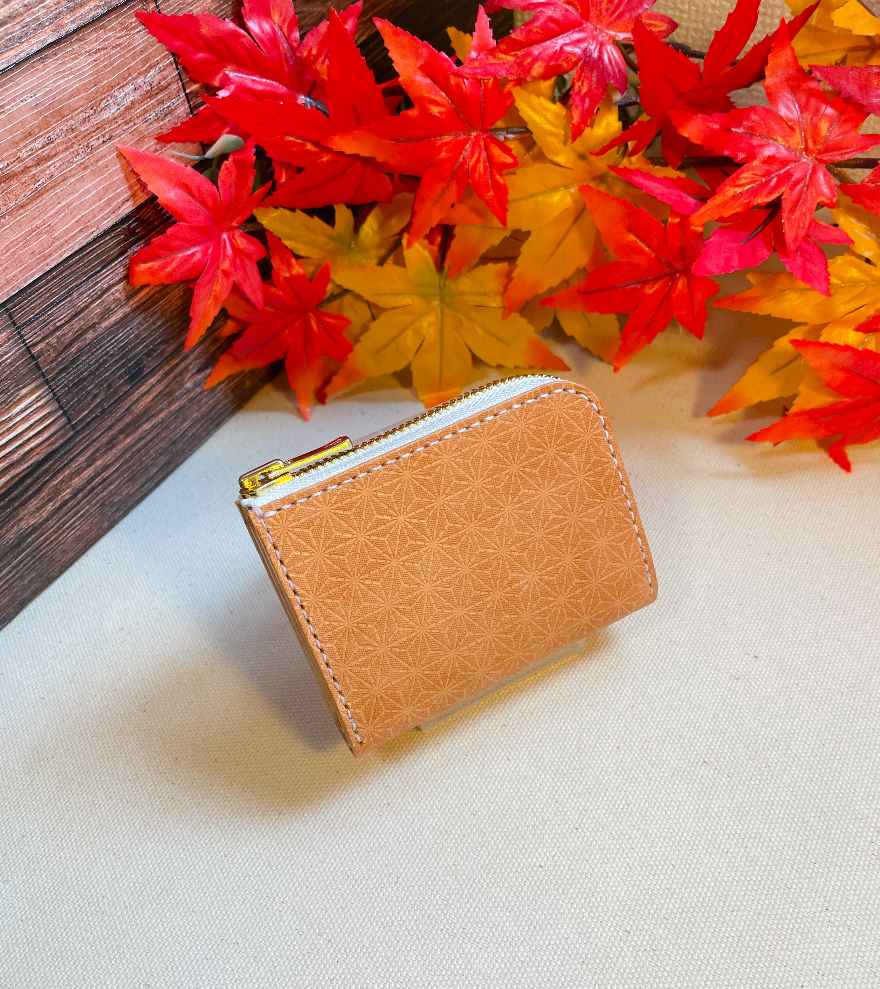 [限定] 京友禅革のL字ミニ財布/麻の葉(柿渋染め)