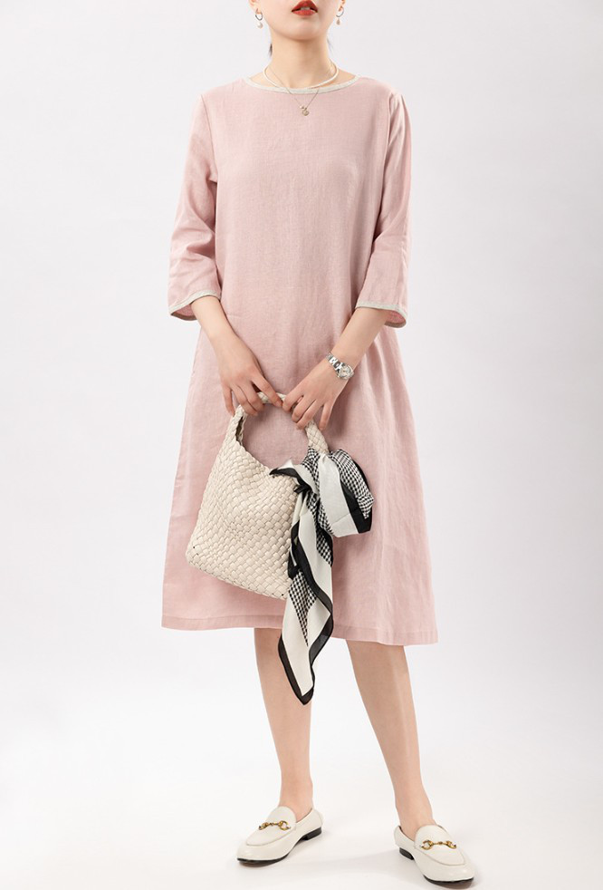 100%亜麻ワンピース 復古法式チュニック #ピンク