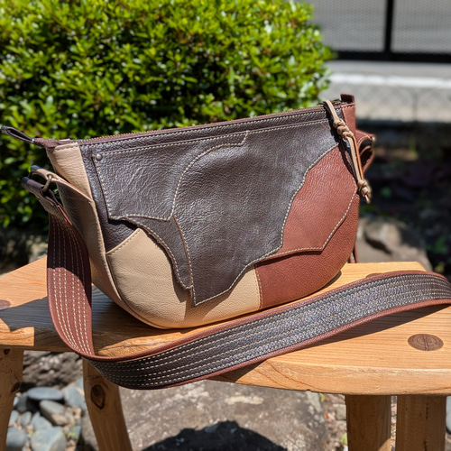 本革 レザーバッグ コゲ茶・ベージュゴート×茶牛革ショルダーバッグ