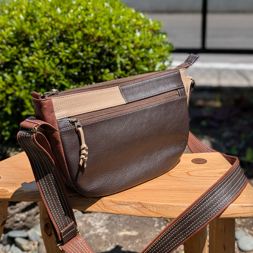 本革 レザーバッグ コゲ茶・ベージュゴート×茶牛革ショルダーバッグ