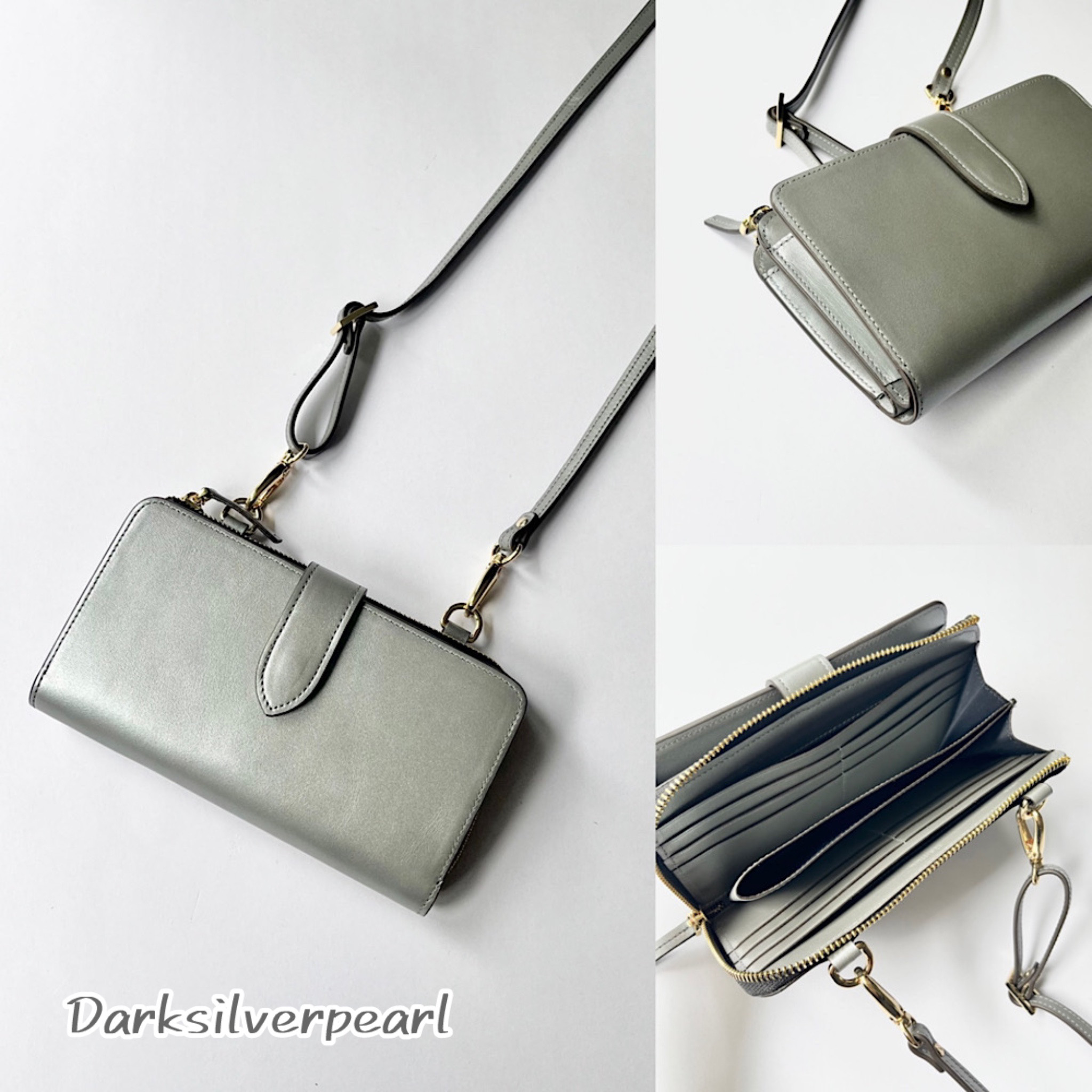 本革　ダークシルバーパール　超軽量２６０グラム　上質お財布ショルダー L字型財布　お財布ポシェット　長財布