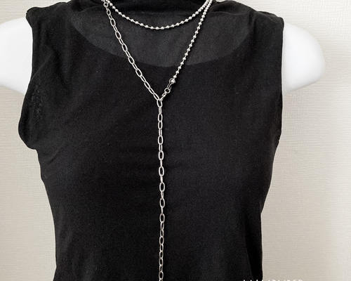 オールステンレス製 ボールチェーン×小豆チェーンロングネックレス