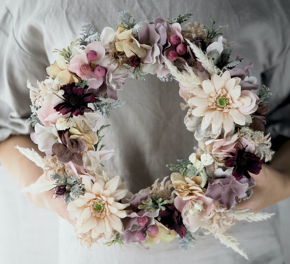 くすみピンクのガーベラとコスモスのリース -Artificial flower  