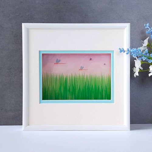 透明紙の立体作品《里山風景》田んぼにトンボ 壁掛け アート 立体 切り