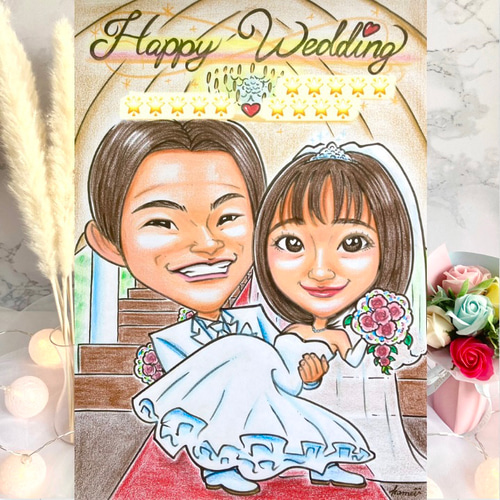 ♡幸せの似顔絵♡ウェルカムボード　かわいい　ウェディング　リボン 似顔絵 結婚式のウェルカムボード・ リボンスタイル☆ 絵画