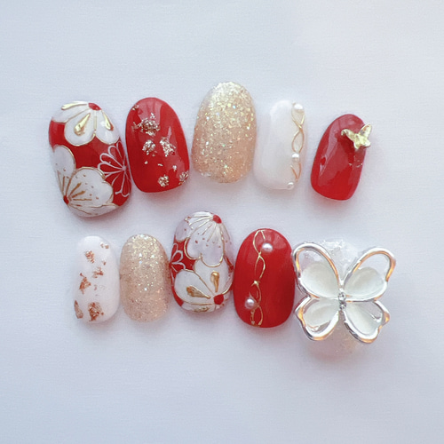 007 赤＆白(和装ネイルチップ）成人式、卒業式、結婚式、和装に