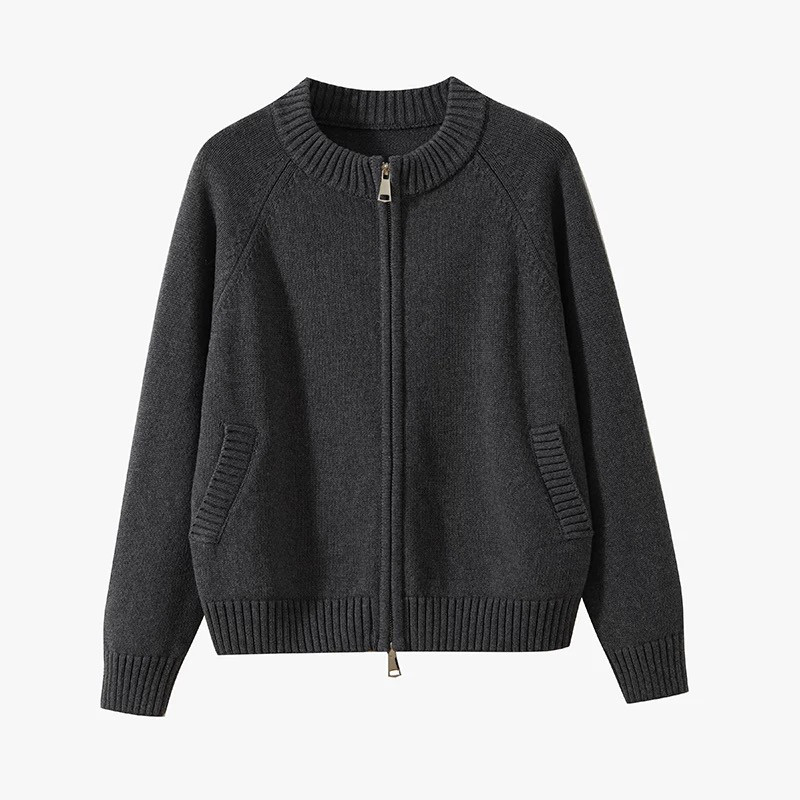 【春の支度】 レディース ファスナー付き 厚手 ニットセーター カーディガン 前開き 綿100％ ダークグレー