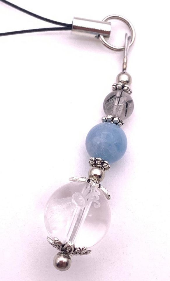 天然石彫り水晶12星座（みずがめ座）＆アクアマリン＆黒針水晶の