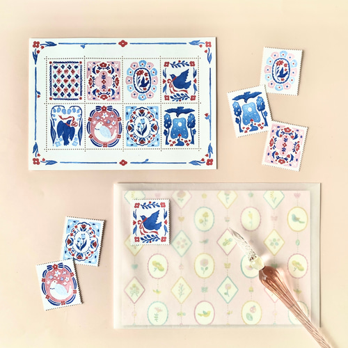 切手風目打ちシール〈あおいことりとあかいはな〉 シール・ステッカー