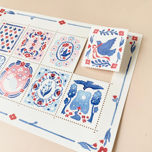 切手風目打ちシール〈あおいことりとあかいはな〉 シール・ステッカー