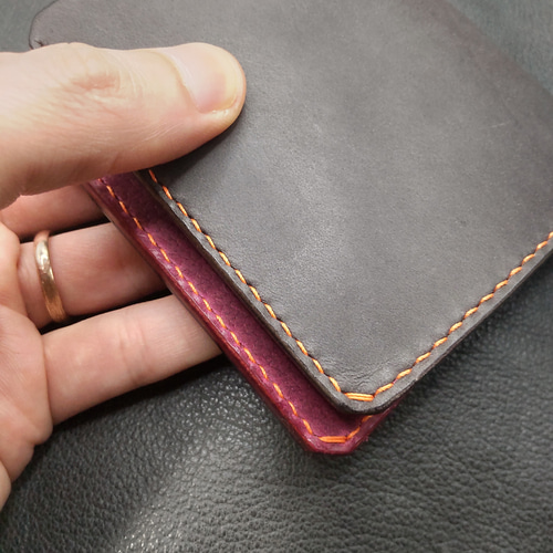 2つ折り財布 サッビア×シボ革 グレー×パープル 二つ折り財布