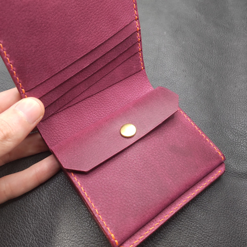 2つ折り財布 サッビア×シボ革 グレー×パープル 二つ折り財布