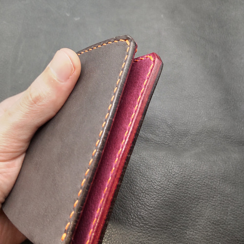 2つ折り財布 サッビア×シボ革 グレー×パープル 二つ折り財布