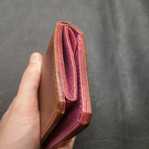 2つ折り財布 アマゾニア×シボ革 ブラウン×パープル 二つ折り財布