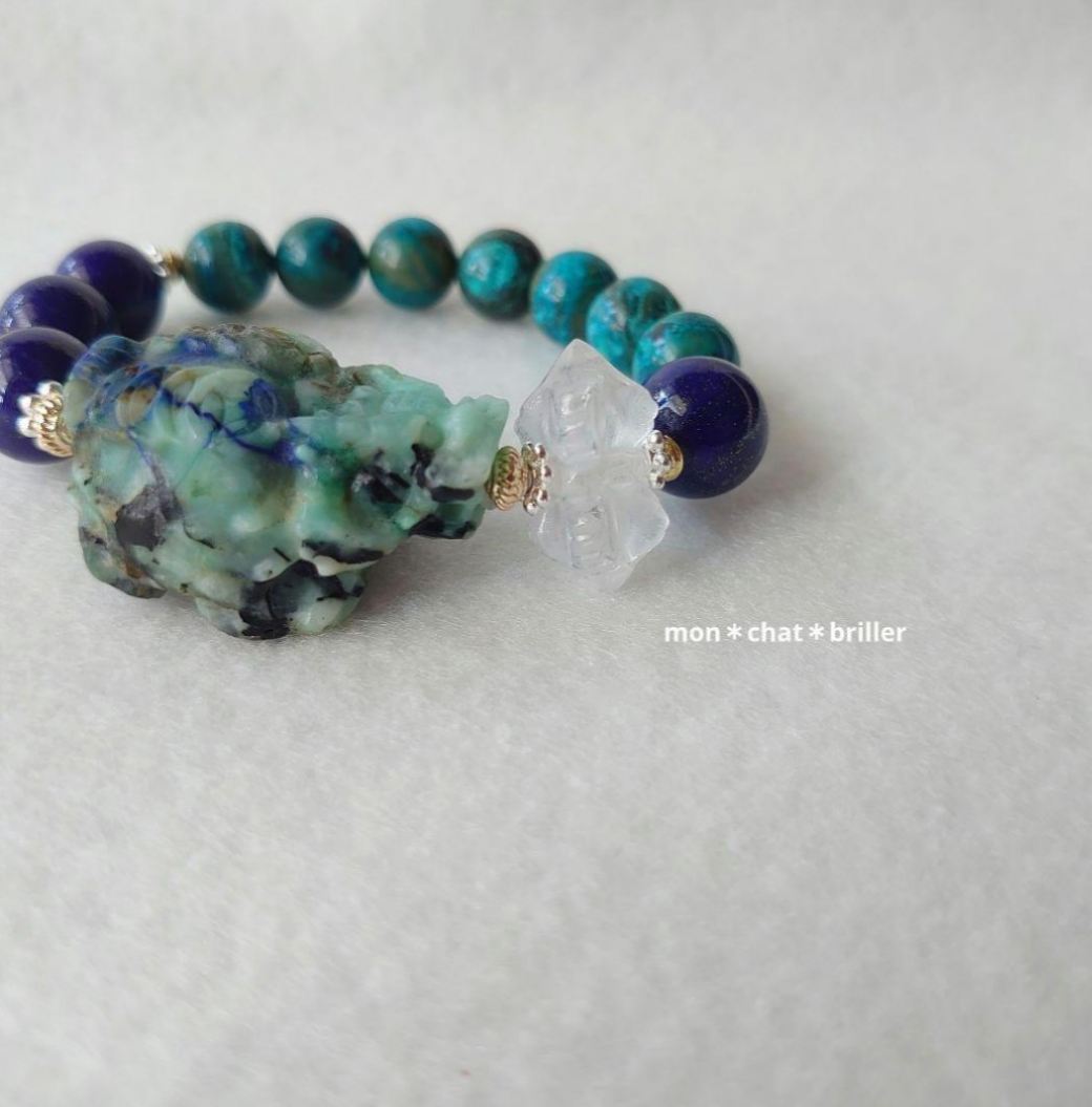 クリソコラ龍亀　水晶バジュラ　ラピスラズリ　天然石ブレスレッド　素敵な逸品