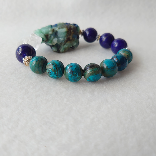 クリソコラ龍亀　水晶バジュラ　ラピスラズリ　天然石ブレスレッド　素敵な逸品 クリソコラ龍亀 水晶バジュラ ラピスラズリ 天然石ブレスレッド