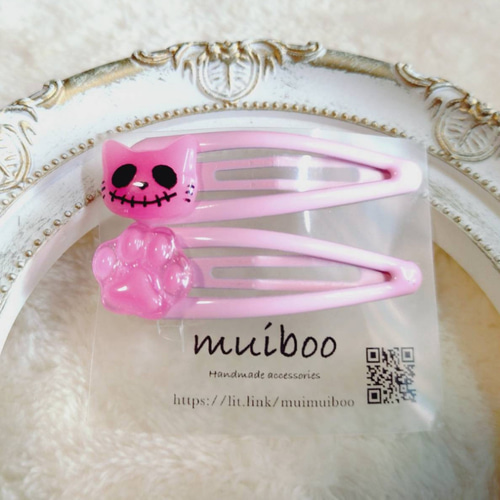 ゴーストにゃんこのハロウィンパッチンピン ピンク ヘアピン muiboo 