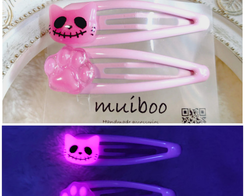 ゴーストにゃんこのハロウィンパッチンピン ピンク ヘアピン muiboo 