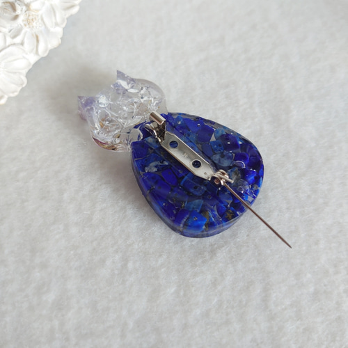 オリジナル一点物 ハンドメイド 天然石ネコブローチ（ラピスラズリ 