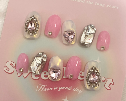 design34】韓国ピンクハートネイルチップ ネイルチップ（つけ爪