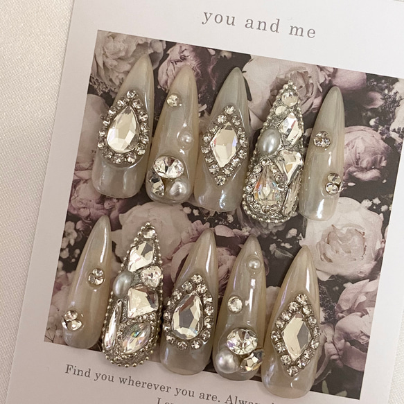 design52】韓国 ベージュパールネイルチップ ネイルチップ（つけ爪  