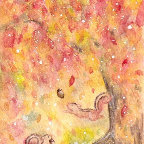 どんぐりとリス【秋・紅葉】 絵画 kuro 通販 18203346｜Creema
