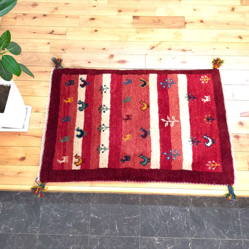 ペルシャ ギャッベ 玄関マット 90x60cm 鳥 茜色 桃色 ボルドーカラー
