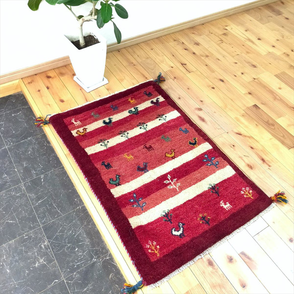 ペルシャ　ギャッベ 玄関　90×60 茜色　チューリップ　花 Creema限定超目玉品】ペルシャ ギャッベ 玄関マット 90x60cm 鳥
