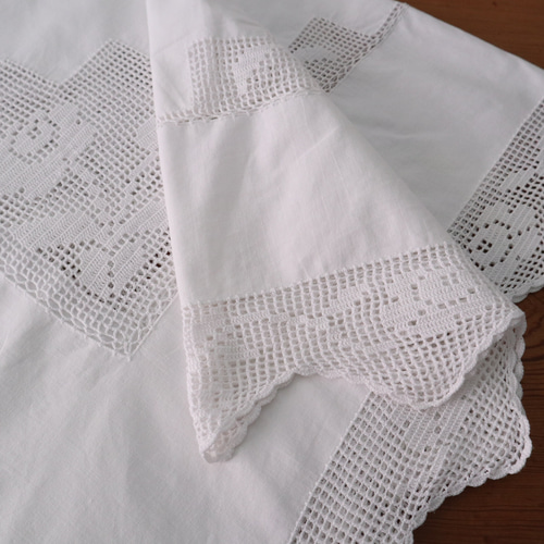 ドイツの手仕事/丁寧な手編みレース テーブルクロス コットン生地