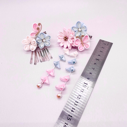 菊と蝶の髪飾り つまみ細工 七五三 桃 浴衣 ピンク 水色 着物 成人式