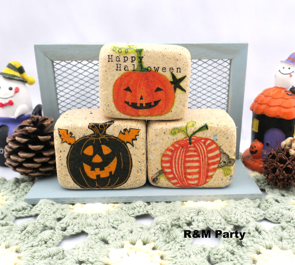 受注制作 ハロウィン 猫とかぼちゃのブロック レンガ 置物