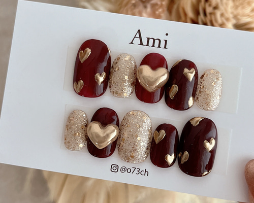 52))フレンチガーリー ネイルチップ ハート ちぐはぐ ボルドー バレンタイン 52))フレンチガーリー ネイルチップ ハート ちぐはぐ ボルドー
