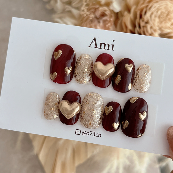 10))フレンチガーリー バレンタイン ネイルチップ ハートネイル ボルドー 冬 10))フレンチガーリー バレンタイン ネイルチップ ハートネイル