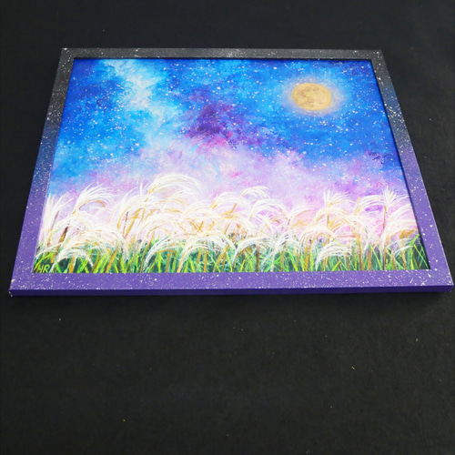 油絵 油彩 油彩画 絵 絵画【星空の満月とススキ】 絵画 HR