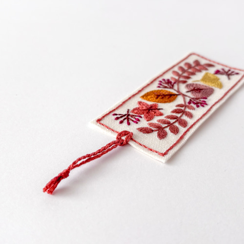 木の葉 紅葉 刺繍のしおり ブックマーク/オレンジ 葉モチーフ 読書を