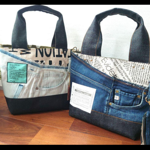 【送料無料（一部地域を除く）】 No.514 DENIMRemakeToteBag❤️】デニム 2点SET【DENIM✖️英字 トートバッグ