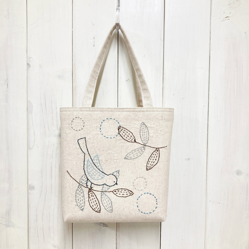 ワンマイルmini【北欧鳥】 刺し子・綿麻・帆布 トートバッグ 夙川  