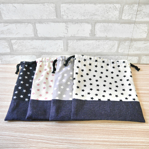 選べる4色！】星柄×ネイビーデニム⭐︎巾着袋／給食袋／コップ袋 No