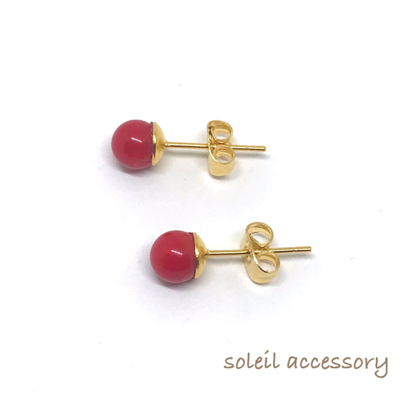 512【赤珊瑚】天然石一粒ピアス＊6mm 3枚目の画像
