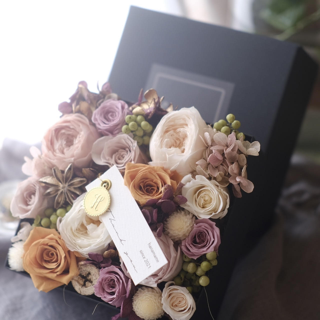 「 Flower Box 」Ｒｏｓｅ　✿ プリザーブドフラワー　アンティークカラー　スクエア