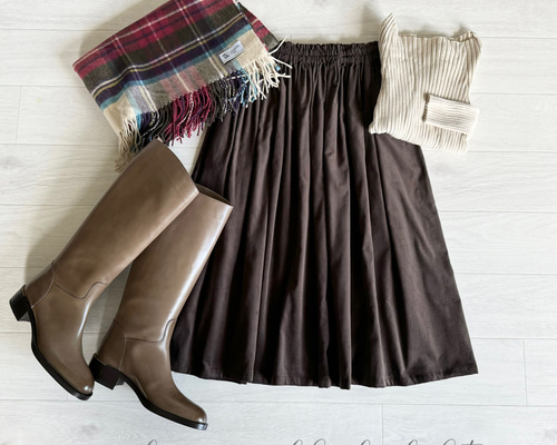 綺麗な発色♪柔らか上質コーデュロイのギャザースカート ダーク