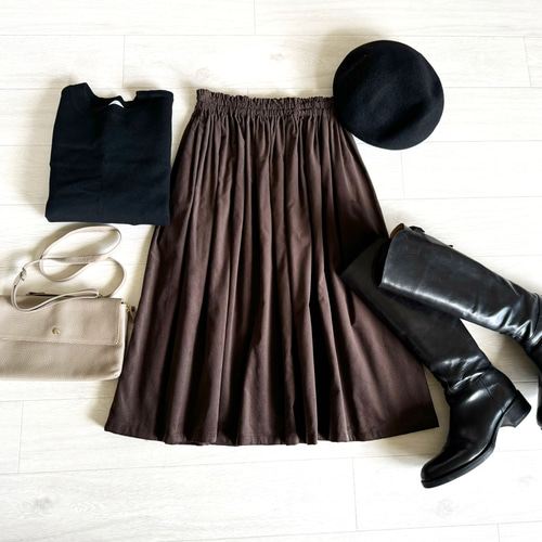 綺麗な発色♪柔らか上質コーデュロイのギャザースカート ダーク