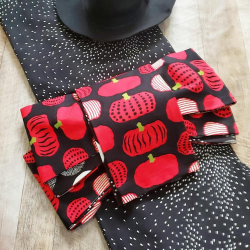 半幅帯】かぼちゃと北欧サークル/ハロウィン HALLOWEEN 赤 黒⭐送料