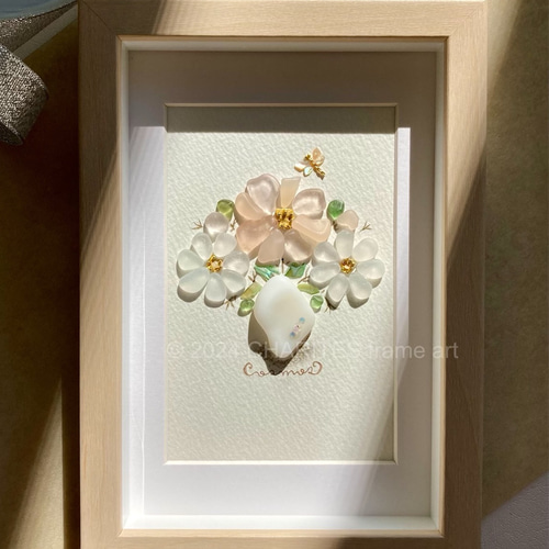 お買い得商店街 秋桜 シーグラス／天然石／フレームアート／壁掛け／原画 絵画