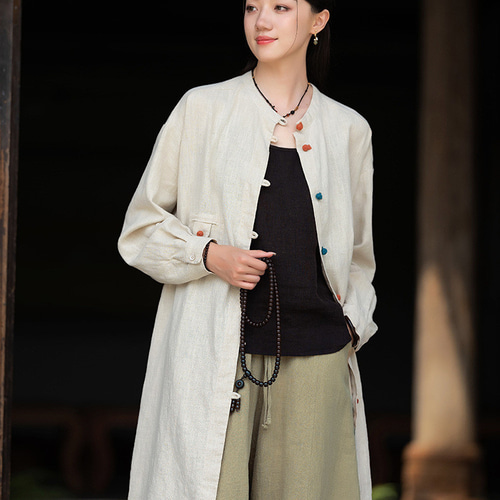 砂洗綿麻復古立襟コート #亞麻色 コート A.A織り 通販 18205546