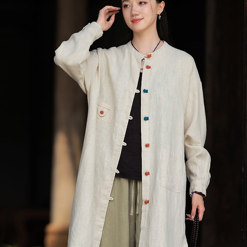 砂洗綿麻復古立襟コート #亞麻色 コート A.A織り 通販 18205546