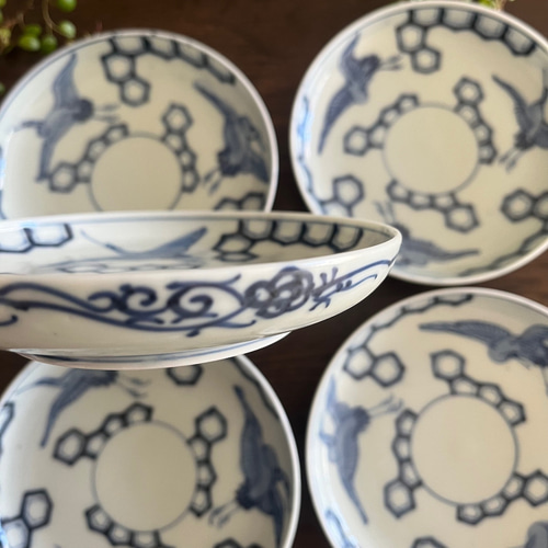 伊万里染付鶴亀甲紋様5寸皿5枚 中皿 antique art nozomi 通販