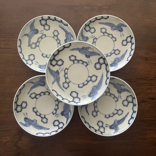 伊万里染付鶴亀甲紋様5寸皿5枚 中皿 antique art nozomi 通販