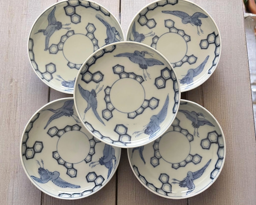 342 古伊万里 染錦手 小皿 アザミ紋様 5枚 伊万里染付鶴亀甲紋様5寸皿5枚 中皿 antique art nozomi 通販