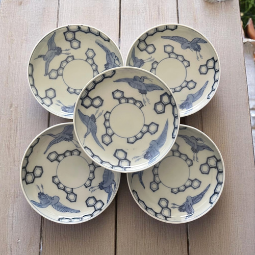 伊万里染付鶴亀甲紋様5寸皿5枚 中皿 antique art nozomi 通販 
